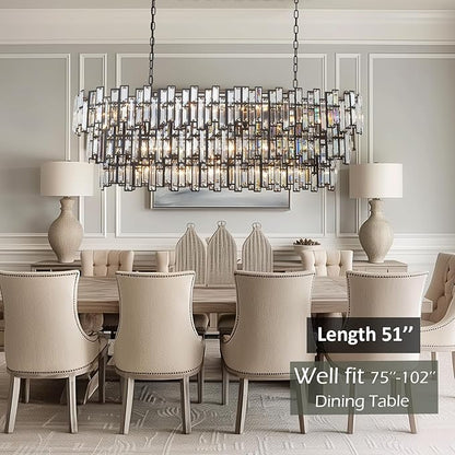 Crystal Chandelier Modern Farmhouse Chandeliers for Dining Room Lighting Fixtures Black and Bronze Rectangular Chandelier Ceiling Hanging 50’’