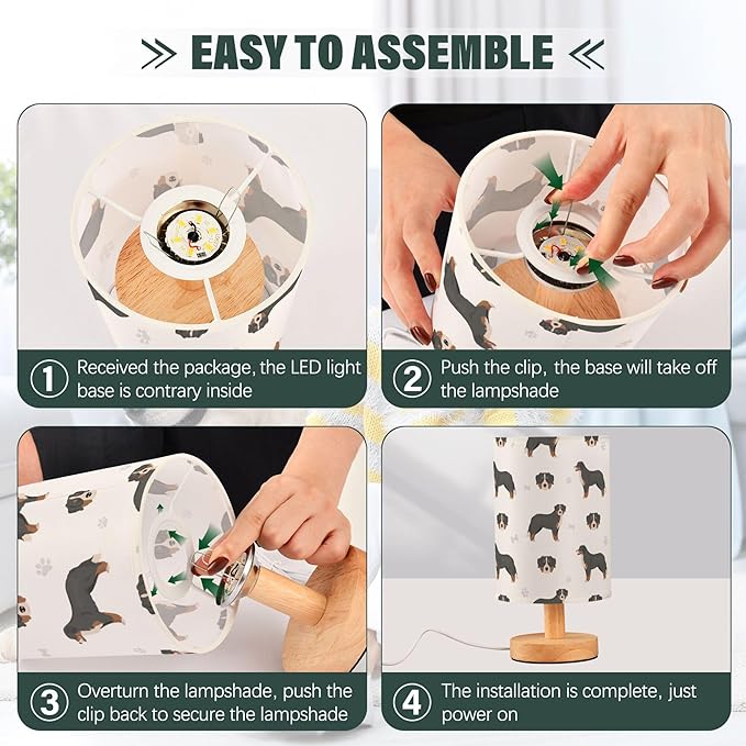 Bernese Mountain Dog Pattern Table Lamp with Wood Base Fabric Lamp Shade Bedside Nightstand Desk Lamp for Living Room Bedroom Kids Room Office