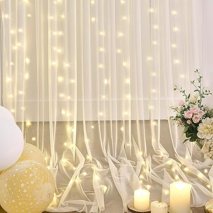 10×12ft Champagne Tulle Backdrop Curtain with Lights String for Parites Sheer Fabric Backdrop Curtains for Wedding Baby Shower Birthday Party Backdrop Drapes Bridal Shower Photo Shoot Background