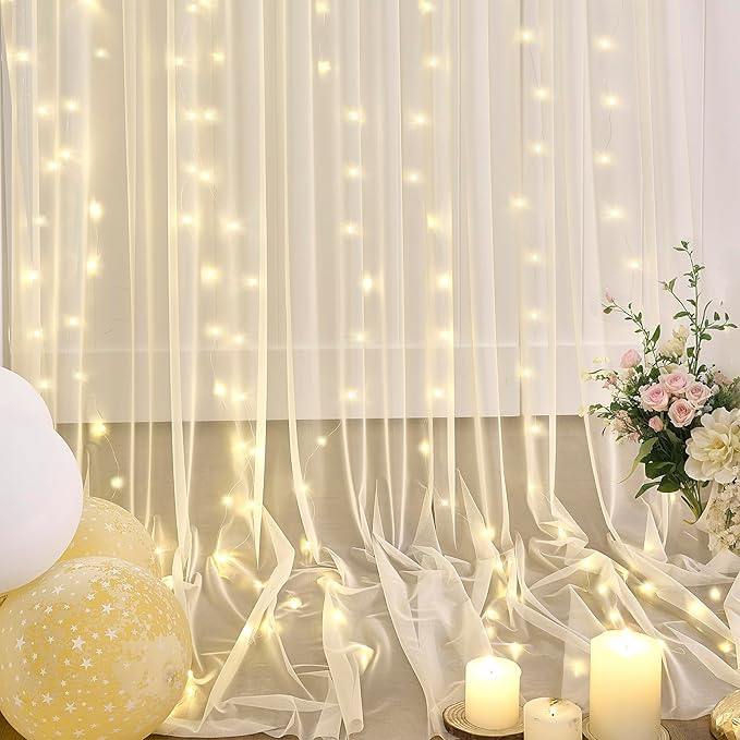 20×12ft Champagne Tulle Backdrop Curtain with Lights String for Parites Sheer Fabric Backdrop Curtains for Wedding Baby Shower Birthday Party Backdrop Drapes Photo Shoot Background 4 Panels 5ft×12ft