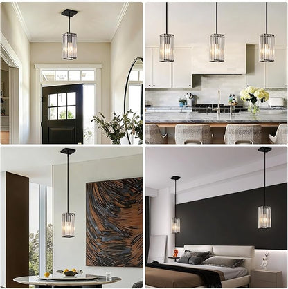 Modern Crystal Pendant Lights Kitchen Island, 1-Light Black Hanging Light with Clear Crystal Shade, Adjustable Height Pendant Lighting for Kitchen Island Dining Room Bedroom Bar Entryway