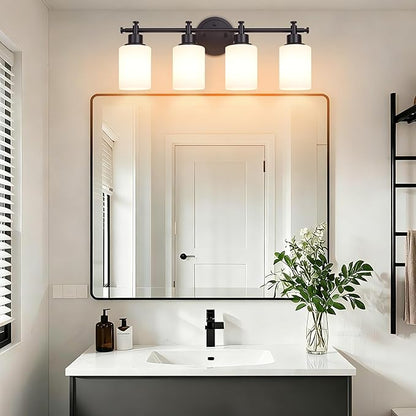 4-Light Bathroom Vanity Light, Black Vanity Lights for Bathroom, Modern Wall Sconce with White Glass Shades, Anti-Rust Vanity Light Fixture over Mirror, 23 Inch (Bulbs Not Included, E26 Base)