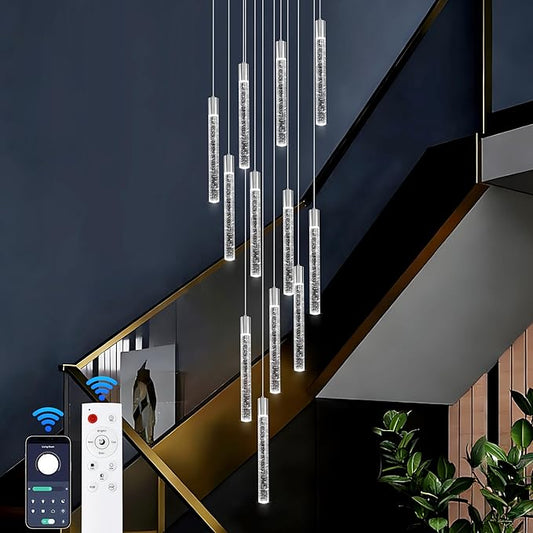 12-Lights Bubble Chandelier for Entryway High Ceiling-137 Height Adjustable Crystal Chandelier,3 Color Temperature Dimmable LED Pendant Light Fixture for Foyer Living Room Staircase,Chrome