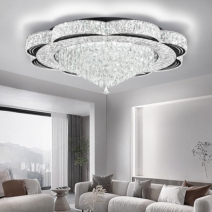 Modern Empire Crystal Chandelier Black 40inches Crystal Raindrop Ceiling Light for Living Room Bedroom LED Infinity Dimmable 3000-6000K