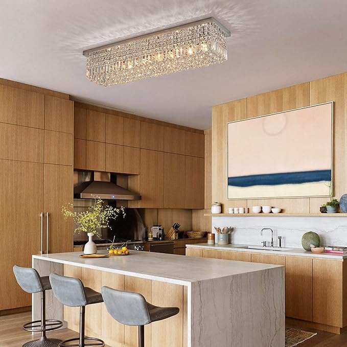 7PM Chandeliers for Dining Room, Crystal Ceiling Light Rectangle Crystal Chandelier Flush Mount for Living Room 40"x10"x10"