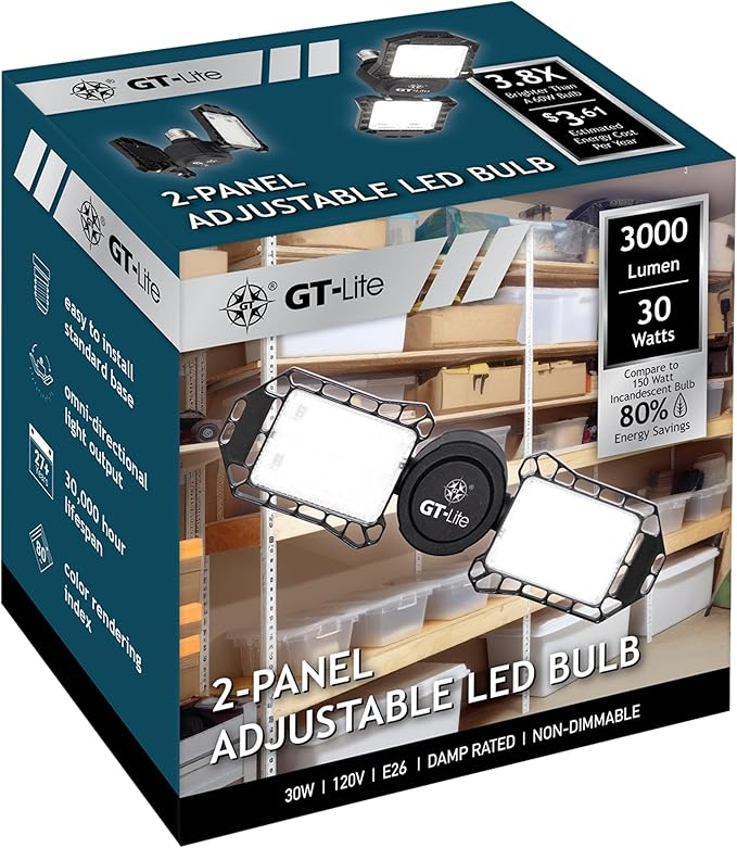GT-Lite 3000 Lumens LED Garage Light, 300-Watt Equivalent, 5000K Daylight, E26 Base, Adjustable Panels,1 Pack