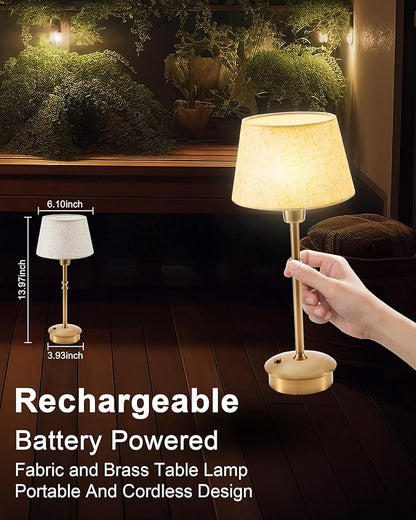 UMEXUS Small Cordless Lamp Rechargeable Table Lamps Set of 2, Dimmable Battery Operated Lights, Portable Accent Light for Side Table Restaurant Dining Outdoor, Beige Fabric Shade, Antique Brass