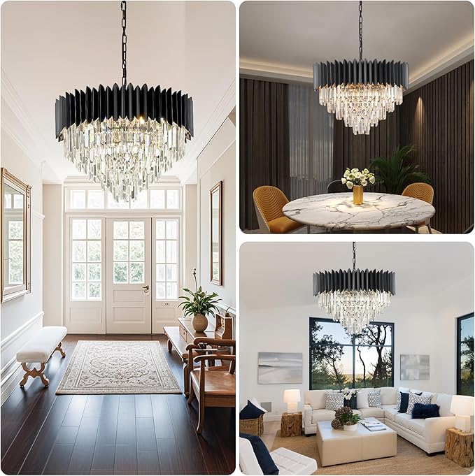 24" Modern Black Crystal Chandeliers 5-Tier 10 Lights Ceiling Light Fixture K9 Crystal Hanging Pendant Ceiling Light for Dining Room Living Room Bedroom Entryway