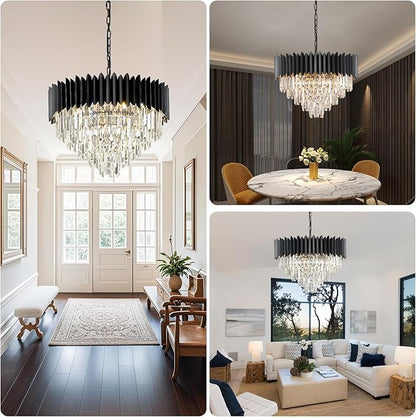 24" Modern Black Crystal Chandeliers 5-Tier 10 Lights Ceiling Light Fixture K9 Crystal Hanging Pendant Ceiling Light for Dining Room Living Room Bedroom Entryway