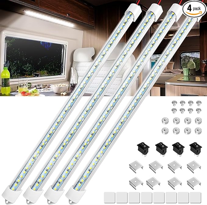 Linkstyle 4PCS 12V LED Interior Light Bar, Super Bright 6500K 12V LED Light Strip Lights with Switch and Magnets, 48 LEDs 700LM Enclosed Trailer Lamp for Car Truck Camper Van RV, White