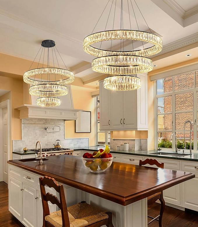 HAIXIANG Modern Glam Chandelier Crystal LED Remote Rings Chandelier Adjustable Hanging Ceilings Pendant Lights Fixture Black 8"+16"+24" Rings Lighting
