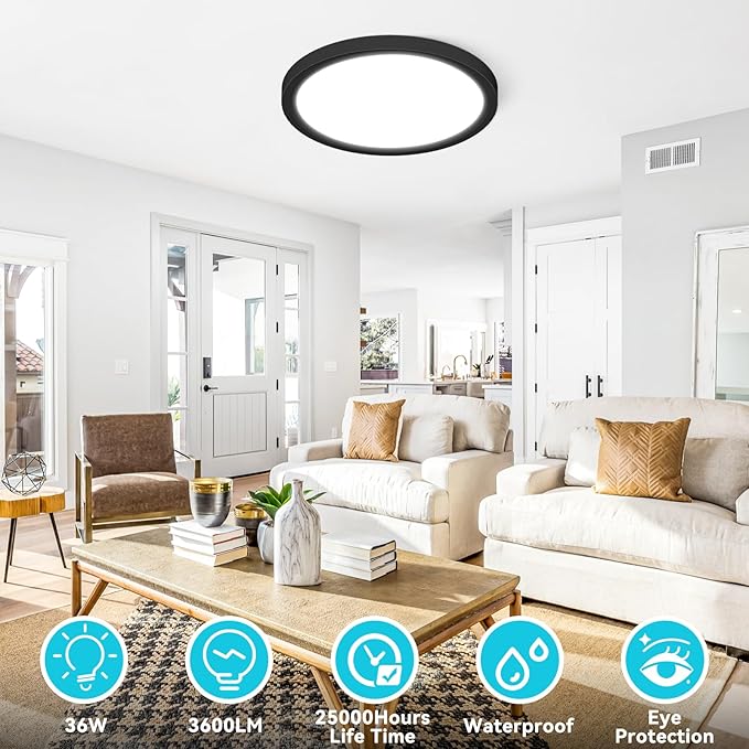 libtit 2-Pack 16" Black LED Ceiling Lights, 36W 3600lm, 3 Color Temps 3000K/4000K/6500K, Large Flush Mount Fixture for Kitchen, Hallway, Bedroom, Living Room, 120V ETL Listed