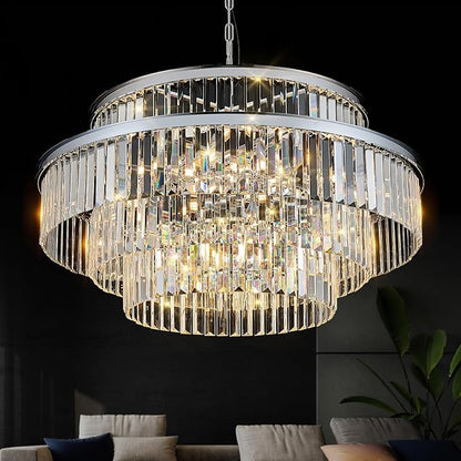31" Modern Chrome Crystal Chandeliers 20 Lights Luxury 4-Tier K9 Crystal Light Fixture Large Round Ceiling Pendant Light for Foyer Staircase Living Room Dining Room