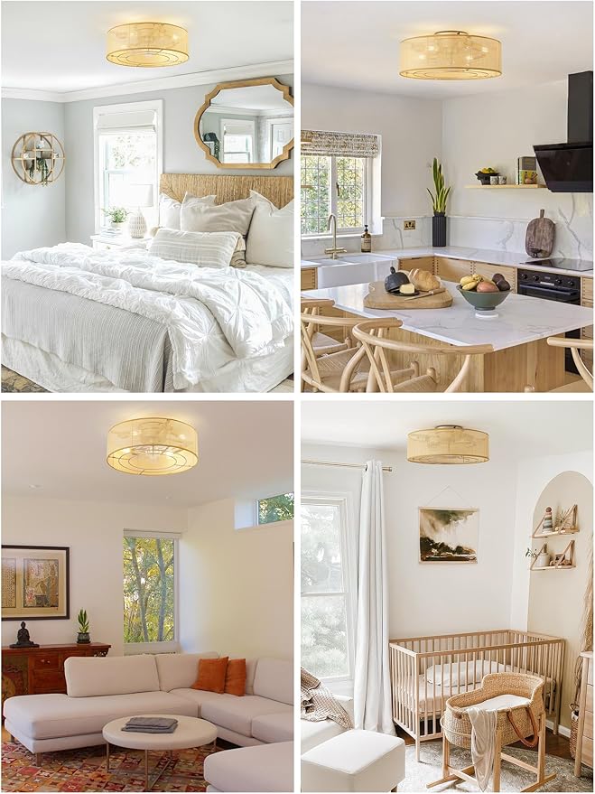 Ceiling Fans with Lights Flush Mount, 20" Rattan Boho Ceiling Fan with Light, Low rofile with 6 Speeds, Remote Control for Bedroom, Nursery, Living Room