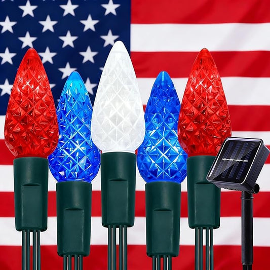 ITICdecor C6 Solar String Lights Outdoor Waterproof, 23FT 50LED Solar Strawberry Lights Decoration for 4th of July, 8 Lighting Mode for Tree Patio Party Decor(Red White&Blue)