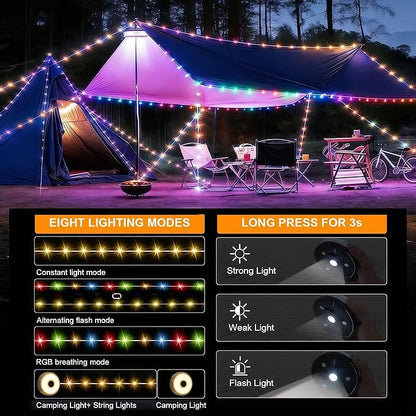 Camping String Lights Rechargeable, 32.8ft Retractable String Lights, Waterproof Indoor/Outdoor Use, 8 Modes, 4-in-1 Quick Storage Portable Lamp, Suitable for Camping, RVs, Parties, Christmas