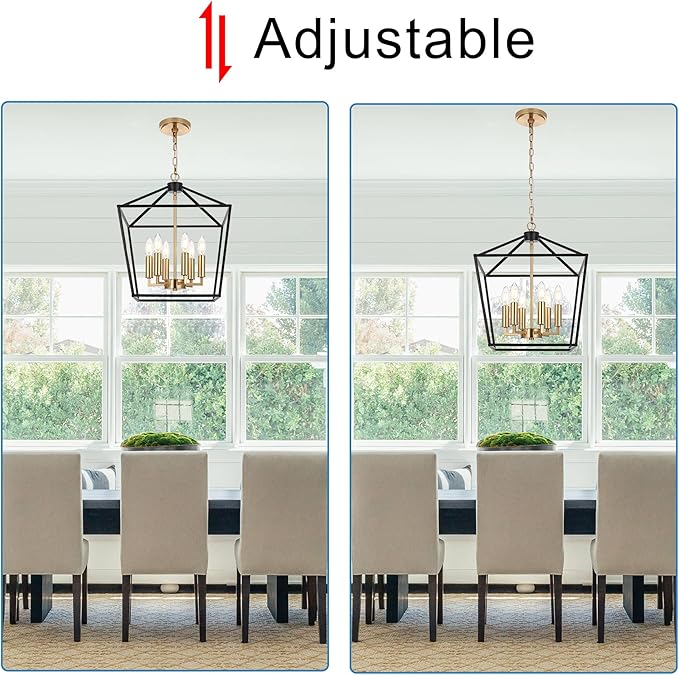 MELUCEE Black Lantern Pendant Light 6 Light Industrial Cage Chandelier with E12 Brass Candle-Shaped Base Rustic Geometric Hanging Light Fixture for Kitchen Island Foyer Dining Room