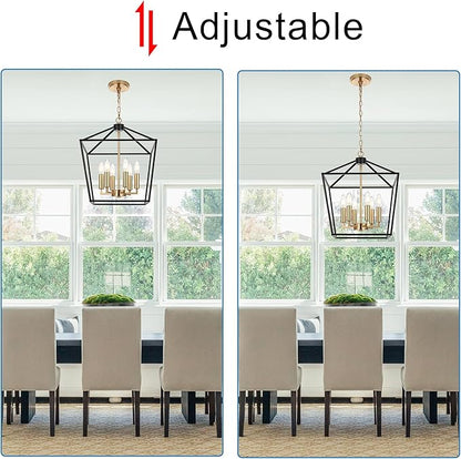 MELUCEE Black Lantern Pendant Light 6 Light Industrial Cage Chandelier with E12 Brass Candle-Shaped Base Rustic Geometric Hanging Light Fixture for Kitchen Island Foyer Dining Room