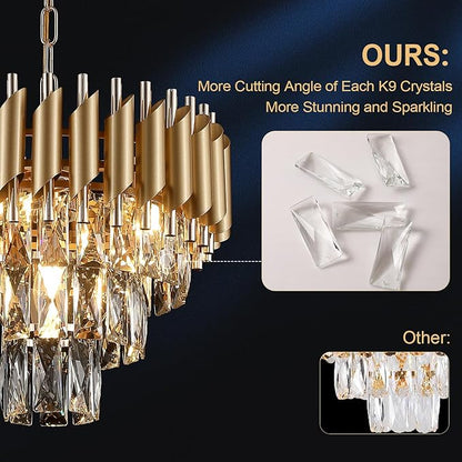 AXILIXI Gold Crystal Chandeliers 16” Modern Ceiling Pendant Light Fixture for Dining Room 3 Tiers Dimmable Round Flush Mount Chandeliers for Living Room Foyer Bedroom Kitchen