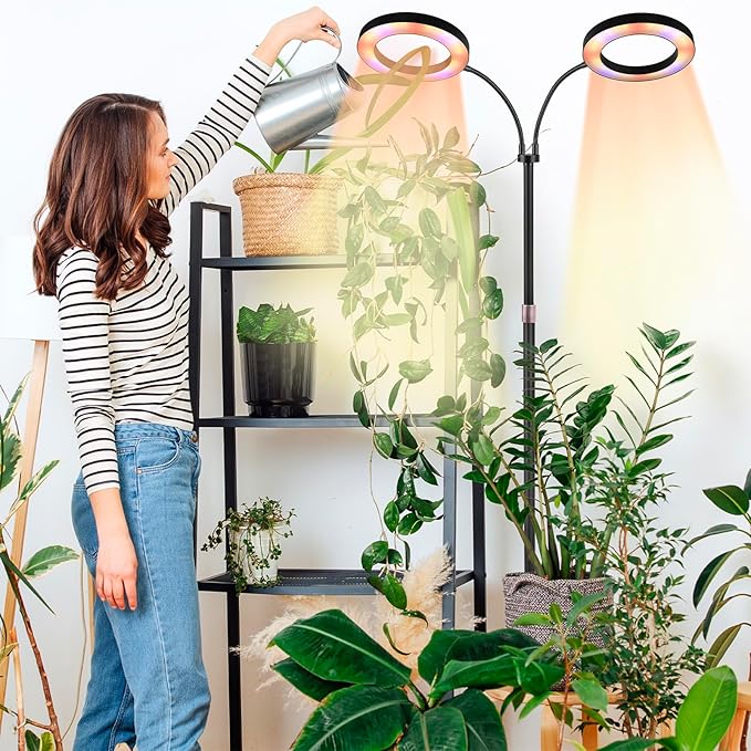 Dual-Head Grow Lights for Indoor Plants, LED Full Spectrum Floor Plant Lamp with Timer 3/9/12H, Height Adjustable 23"-67" Standing Grow Light for Large Tall Plants, 10 Brightness & Flexible Gooseneck