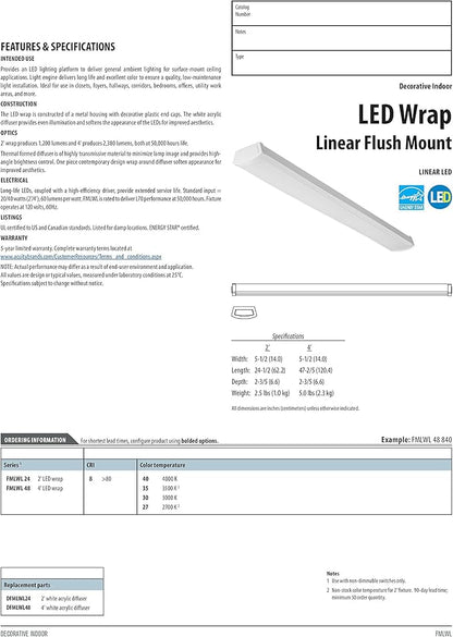 Lithonia Lighting 2 Foot LED Light Fixture, Low-Profile LED Wraparound Flush Mount Ceiling Light, 3000K Warm White, 120V, 24-Inch (FMLWL 24 830)