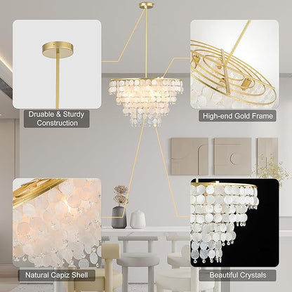 Natural Capiz Shell Chandelier, Coastal Modern Chandelier, Hanging Round Layered Pendant Lighting(4 Light, Gold)