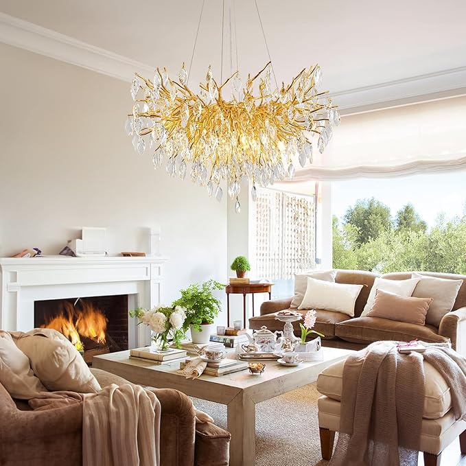 Crystal Chandelier for Dining Room, 24" Modern Living Room Light Fixture, Gold Tree Branch Chandeliers with 8-Light, Round Chandelier for Dining Table, Bedroom, Entryway, Bathroom, Foyer