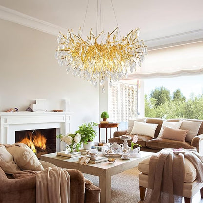 Crystal Chandelier for Dining Room, 24" Modern Living Room Light Fixture, Gold Tree Branch Chandeliers with 8-Light, Round Chandelier for Dining Table, Bedroom, Entryway, Bathroom, Foyer