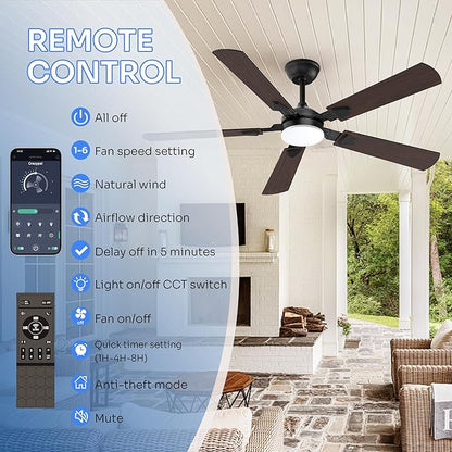 Ceiling Fans with Lights, 52 Inch Modern Ceiling Fans with Lights and Remote Control, DC Reversible Motor, Noiseless, 3CCT, Ceiling Fan for Bedroom, Living Room, Apartment Indoor/Outdoor Use