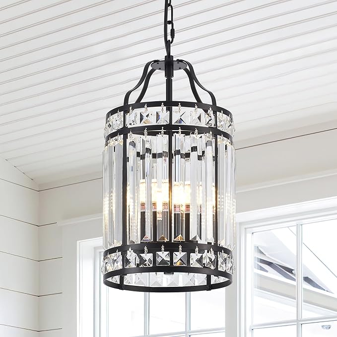 Modern Black Pendant Island Light Fixtures for Kitchen, Luxury Elegant Crystal Small 4-Light Chandeliers for Dining Room, Industrial Cage Hanging Ceiling Lighting for Bedroom Foyer Hallway