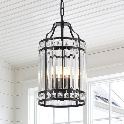 Modern Black Pendant Island Light Fixtures for Kitchen, Luxury Elegant Crystal Small 4-Light Chandeliers for Dining Room, Industrial Cage Hanging Ceiling Lighting for Bedroom Foyer Hallway