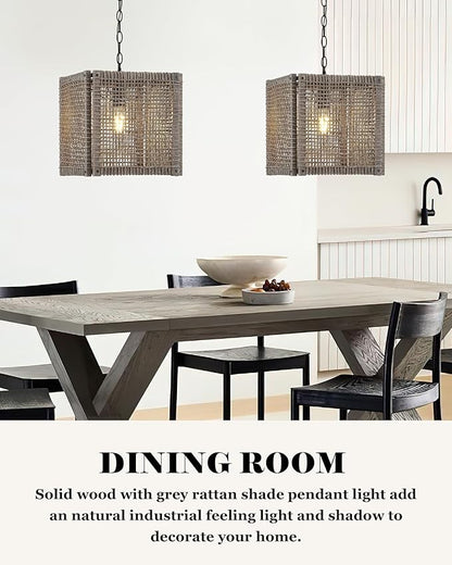 ELYONA Farmhouse Rattan Chandelier 12" Handwoven Pendant Light Fixtures with Gray Square Solid Wood Frame, Adjustable Hanging Lamp for Kitchen Island, Dining Room, Living Room, Bedroom, Bar, Hallway