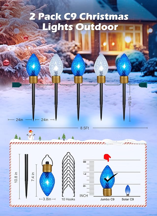 Strawberry Jumbo C9 Christmas Pathway Lights Outdoor - 2Pack Total 17FT 10 LED C9 Walkway Light, Christma Decoration Outside,Christmas Lights Outdoor for Lawn Yard Holiday, Blue & Pure White