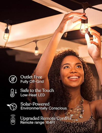 Brightech Ambience Pro Super Bright Solar - 27Ft Remote Control Outdoor String Lights, Shatterproof S14 Edison Bulbs, Commercial Grade LED, Waterproof Patio Lights for Deck, 4W Soft White, 12 Bulbs