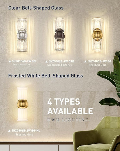 Gold Sconce Wall Lighting, HWH Indoor Bathroom Sconces with Frosted White Bell-Shaped Glass, Up and Down Vanity Lights Fixtures for Bathroom, Gold Finish, 5HZG106B-2W BG-ML