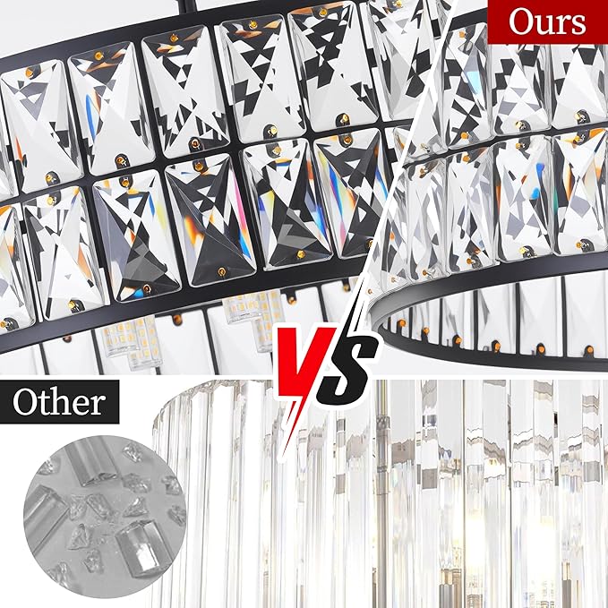 Modern Elegant 6-Light Black Crystal Chandelier, 18-Inch Oversized Round Semi Flush Mount Ceiling Light Fixture, Perfect for Enhancing Kitchen Island Ambiance & Stylish Entryway Décor