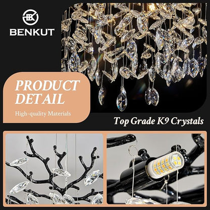 Benkut Black Tree Branch Crystal Chandelier 23.6" Modern Crystal Raindrop Chandeliers 8-Light Luxury Brach Chandelier for Dining Room Kitchen Bedroom Living Room