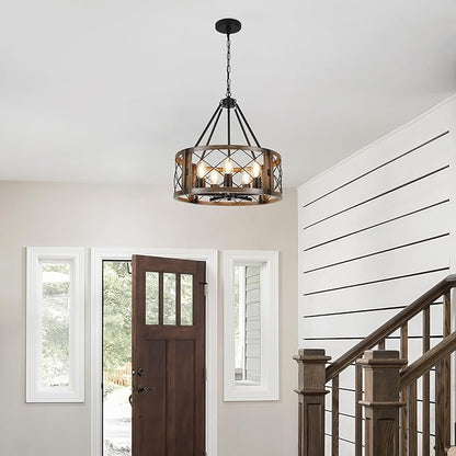 5-Light Farmhouse Chandelier 19.8" Black and Brown Rustic Chandelier for Dining Room Wood Texture Adjustable Pendant Light Fixture for Kitchen Island Entryway Bedroom Hallway