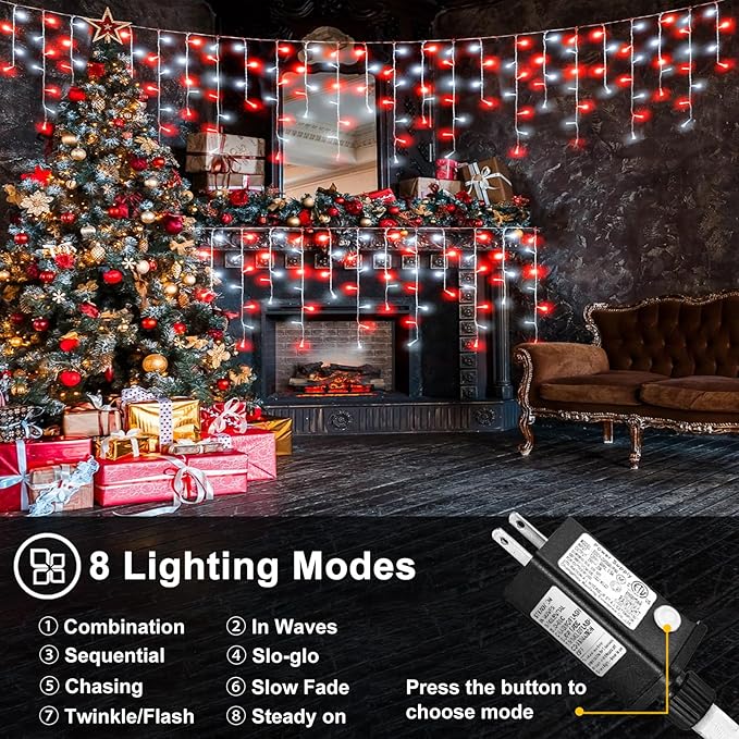 99ft Red and White Christmas Lights, 1216 LED Icicle Lights for Outside, Clear Wire Twinkle Light with 8 Modes Timer Waterproof for House Window Party Tree Holiday Patio Yard Home Decoration