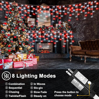 66ft Red and White Christmas Lights, 640 LED Icicle Lights for Outside, Clear Wire Connectable Twinkle Lights with 8 Modes Timer Waterproof for House Window Party Tree Holiday Patio Yard Home Decor