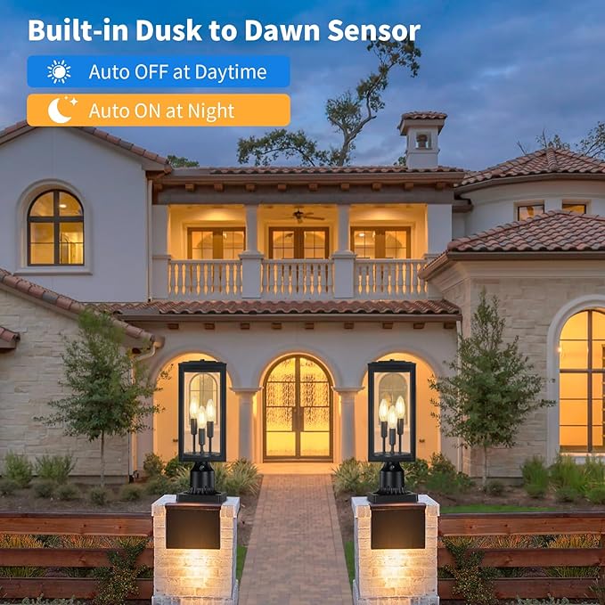 16.6'' Dusk to Dawn Post Light Outdoor, Large 3-Light Lamp Post Light Fixture, Modern Pillar Outside Lighting Waterproof Post Lantern Pole Lights for Porch, 1 Pack (Not Include Mounting Base)