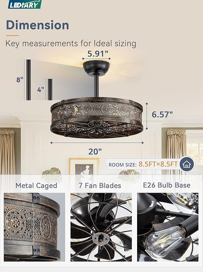 LEDIARY Farmhouse Chandelier Ceiling Fan with Light,20 Inch Black Gold Caged Enclosed Bladeless Fan Lights Ceiling Fixtures,Vintage Victorian Rustic Fandelier for Indoor,Kitchen,Bedroom,Living Room