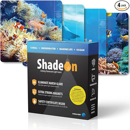 ShadeOn Fluorescent Light Covers for Ceiling Lights Classroom (4-Pack) - 2x4 ft Magnetic Office Light Covers for Fluorescent Lights, Ocean - Coral Reef