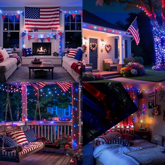 LAMPHOME 33ft Patriotic String Lights, Red White Blue Mini Lights, 100 LED Green Wire Fairy Starry String Lights Plug in, 16 Modes for Independence Day Celebration Party Memorial Day Decor