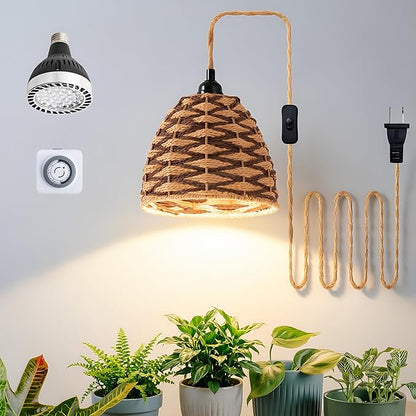 30W Hanging Grow Light for Indoor Plants, 3500 Lumens Full Spectrum Pendant Lamp with Timer, Hand-Woven Paper Rope Shade, 4000K Decorative LED Growing Light for Plant Shelves & Propagation, 15FT Cord