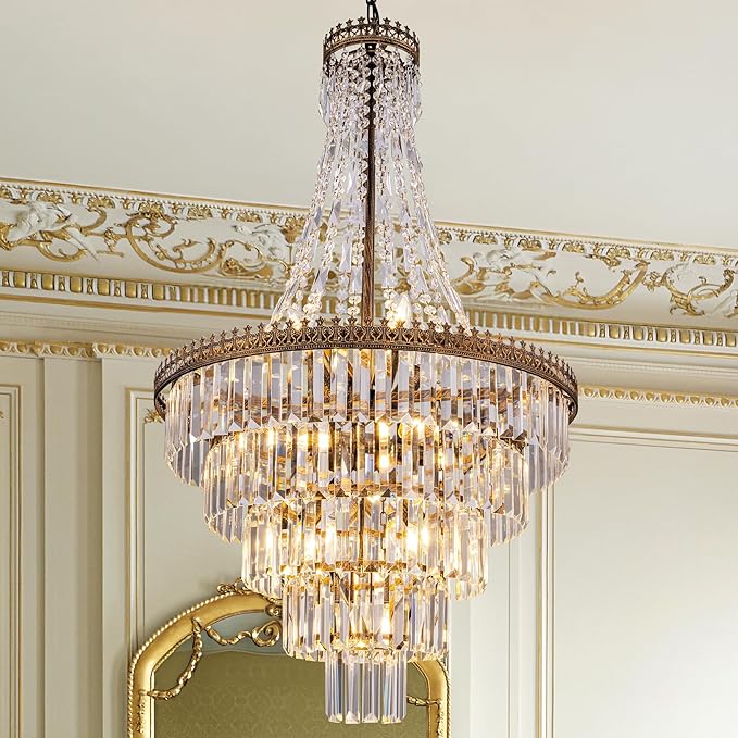 TOCHIC French Empire Crystal Chandelier Modern Farmhouse Chandeliers Ceiling Light for Foyer Entryway High Ceiling Vintage Antique Bronze Chandelier Light Fixture for Dining Living Room 24" D