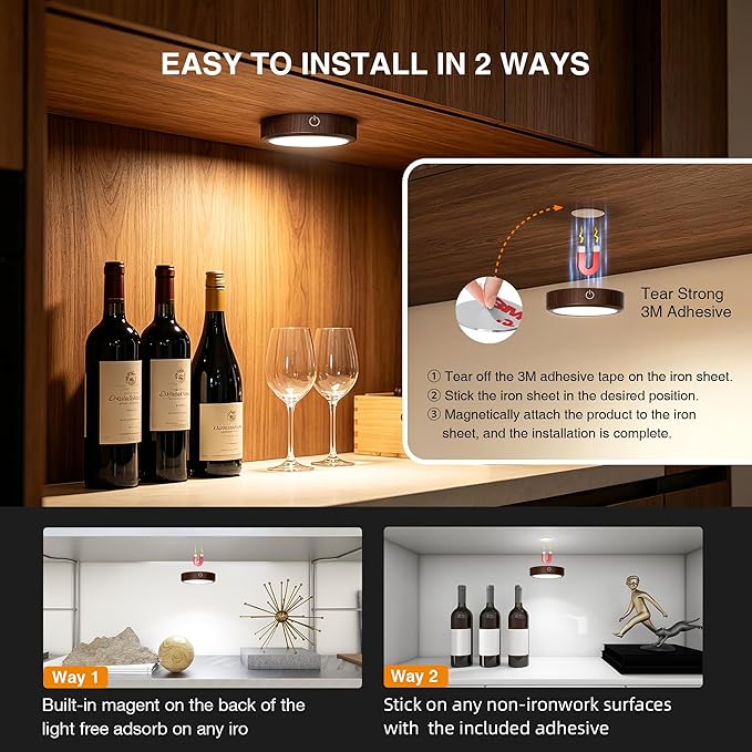 Puck Lights with Remote Control Rechargeable, Full-Screen Wireless LED Under Cabinet Lighting with Light Guide Plate,3 Color Dimmable Stick On Tap Lights for Kitchen,Counter,Closet,Shelf, 4PCS,Wood