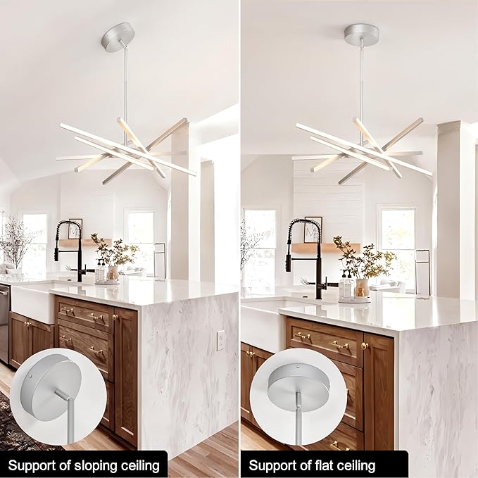 Modern Silver Chandeliers Ceiling 36W LED Pendant Light Embedded Mount Chandeliers，LED 6-Lights Linear Pendant Light for Kitchen Island Dining Room Bedroom Living Room Entryway，L23.62"*0.59"/6