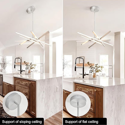 Modern Silver Chandeliers Ceiling 36W LED Pendant Light Embedded Mount Chandeliers，LED 6-Lights Linear Pendant Light for Kitchen Island Dining Room Bedroom Living Room Entryway，L23.62"*0.59"/6