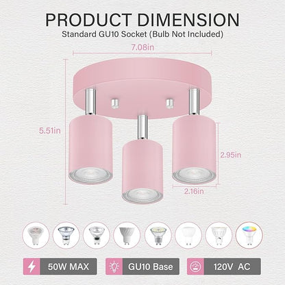 3 Light Track Lighting Fixtures Ceiling, Pink Round Directional Spotlight Fixtures, GU10 Flush Mount Ceiling Fixture, Adjustable Modern LED Track Light for Girl's Room, Bulb Not Included